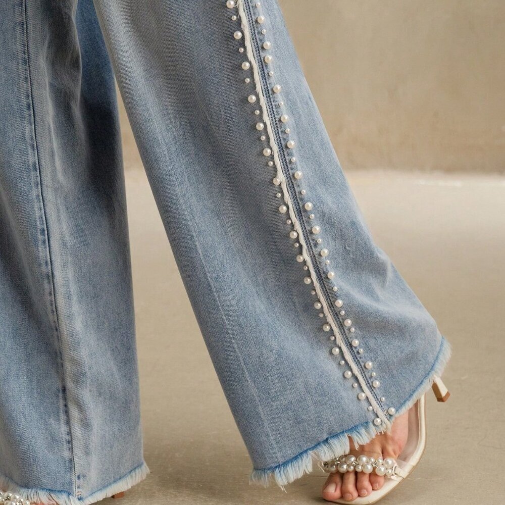 Blue Casual Women's Denim Jeans With Pearls And Pockets - Picture 5 of 7